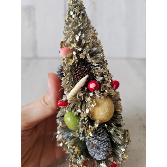 Vintage gold flocked fruit bottle mini tree Xmas pinecone decor - Picture 6 of 12
